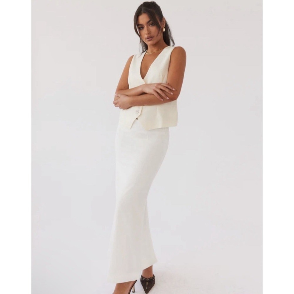 Peppermayo Linen Midi Pencil Skirt White High Slit, Size 4